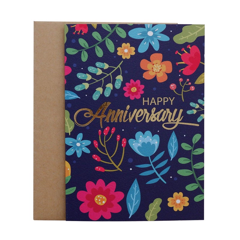 CHRIZ.Z Anniversary Card - Gold Foil Multicolored Floral Dark Blue Textured Greeting Card with Kraft Envelope - 5" x 7" - Happy Anniversary Card For Couple, Valentine, Employee, Him or Husband - Blank Inside - Image 1